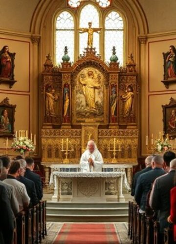 Kraszewice: 120 lat konsekracji kościoła - uroczystości bez Chrystusa Króla Wnętrze kościoła w Kraszewicach podczas uroczystości 120-lecia konsekracji. Pusty ołtarz główny symbolizujący brak Chrystusa Króla.
