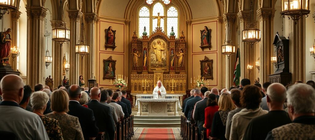 Wnętrze kościoła w Kraszewicach podczas uroczystości 120-lecia konsekracji. Pusty ołtarz główny symbolizujący brak Chrystusa Króla.