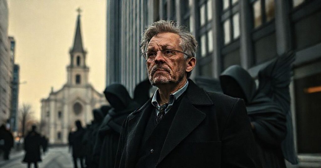 Portret László Krasznahorkaia w otoczeniu 'nowych aniołów' w materialistycznym świecie