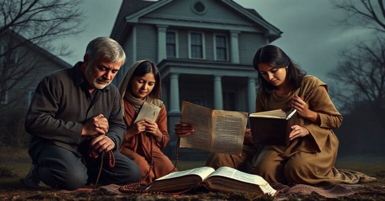 Rodzina katolicka modląca się przed domem z dokumentem kredytowym w dłoniach
