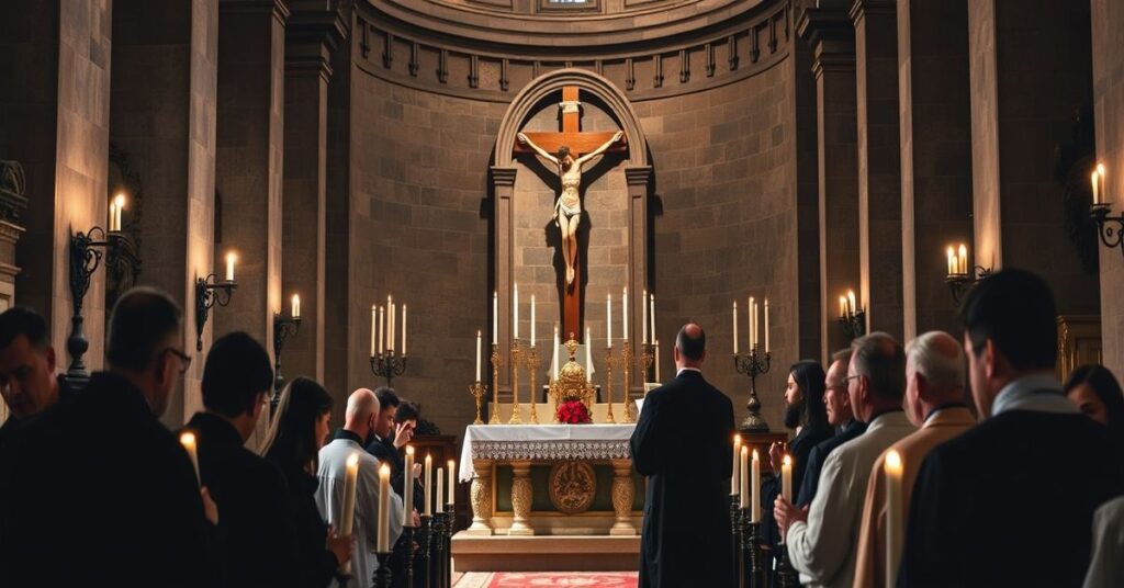 Scena liturgii katolickiej w kościele św. Marka w Rzymie podczas Wielkiego Postu, z tradycyjnymi stacjami drogi krzyżowej i modlącymi się wiernymi.