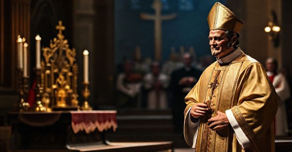 Klasyczna katolicka scena liturgiczna kontrastująca z nowoczesnymi zniekształceniami nauczania św. Karola Boromeusza