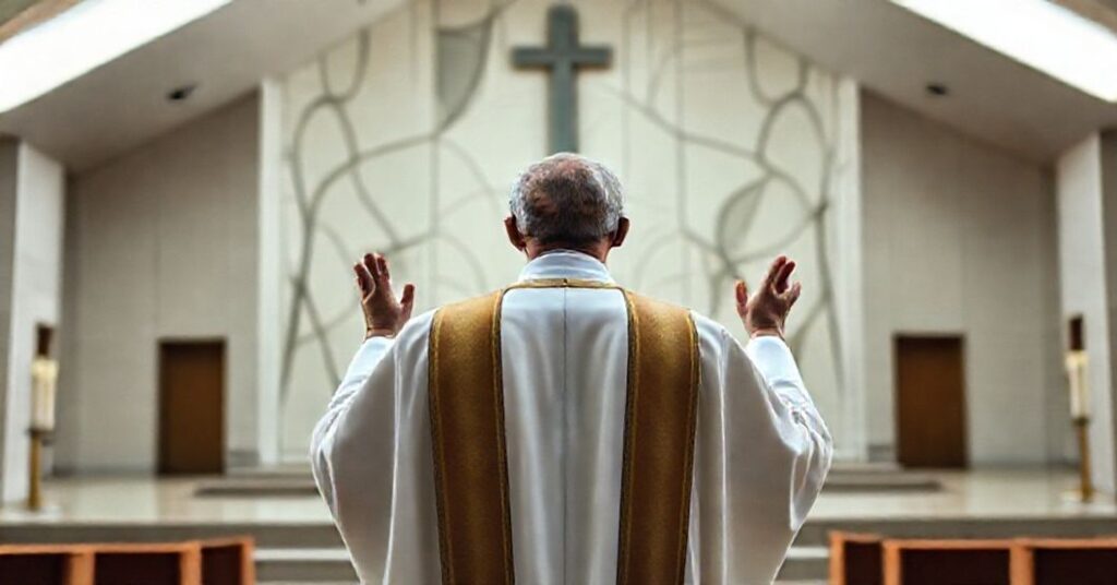 Tradycyjny katolicki ksiądz w pełnym stroju liturgicznym modli się przed ołtarzem przed nowoczesnym kościołem w stylu nowomodernistycznym.