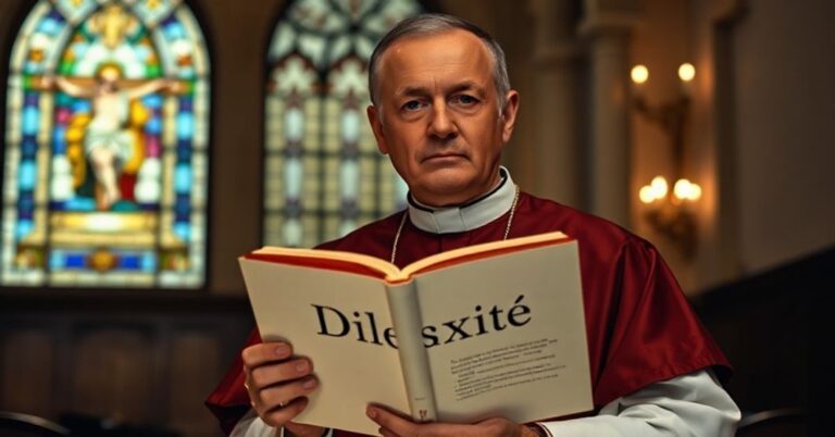 Ksiądz w tradycyjnych ornatach trzyma dokument "Dilexi te", wyraz twarzy pełen zaniepokojenia w atmosferze kościoła