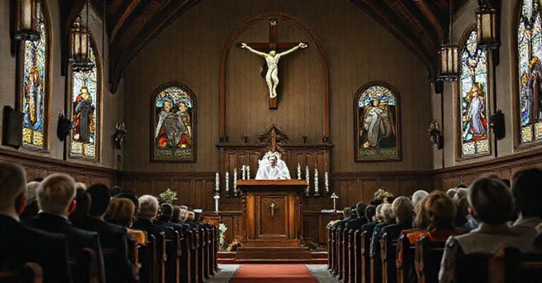 Wnętrze kościoła katolickiego w czasie Adwentu z homilią ks. Pawlukiewicza na IV niedzielę Adwentu - krytyka heretyckich interpretacji postaci św. Józefa