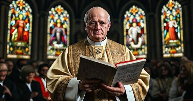 Ksiądz w pełnej liturgicznej szacie trzyma encyklikę Leona XIII w kościele z witrażami przedstawiającymi Chrystusa Króla.