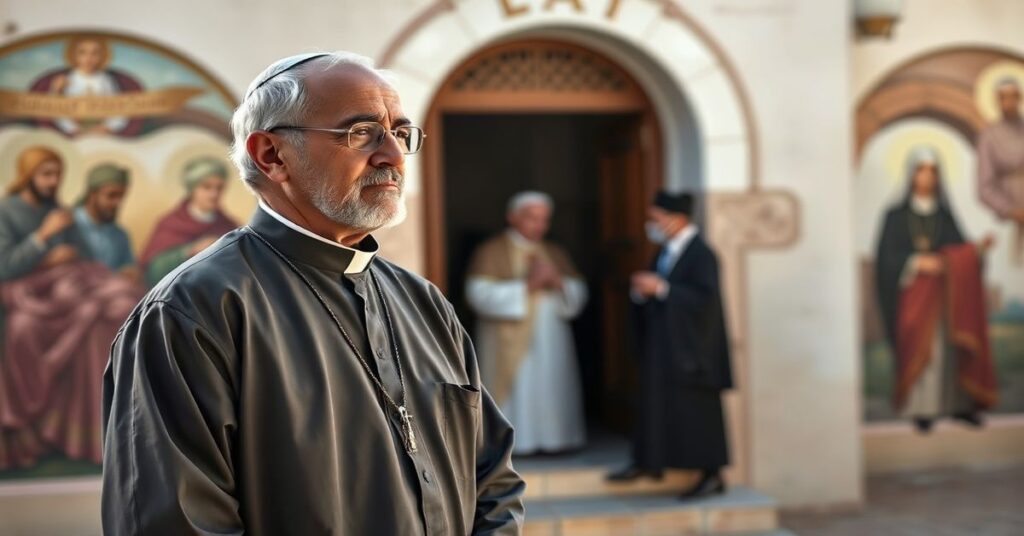 Tradycyjny katolicki kapłan w sutannie obserwuje wizytę 'papieża' Leona XIV w domach opieki Ma Maison w Annabie podczas synkretycznego wydarzenia religijnego