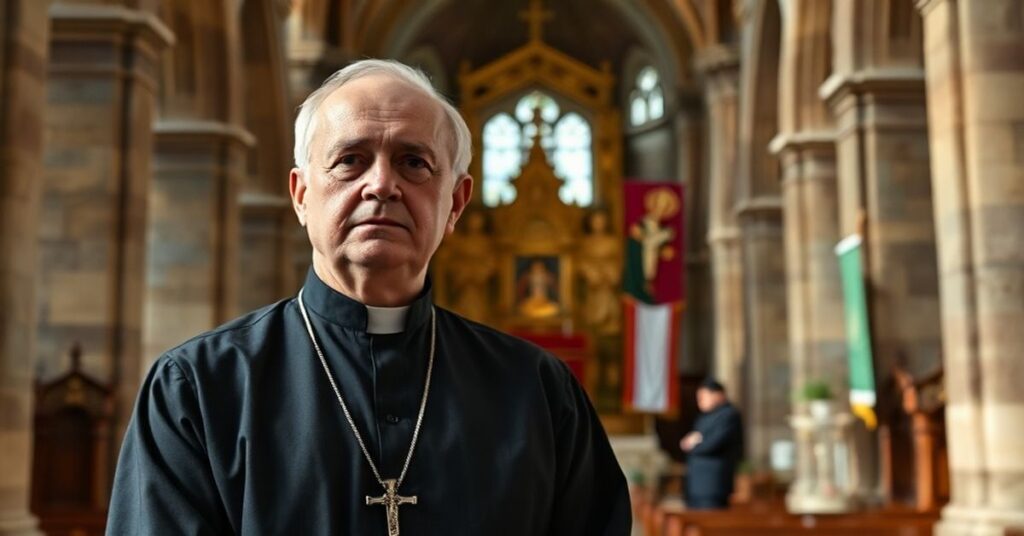 Tradycyjny książ w sutannie stoi w krakowskiej Bazylice Mariackiej przykrywanej przez nowoczesne banery z ks. Piotrem Studnickim rozmawiającym z mediami świeckimi.