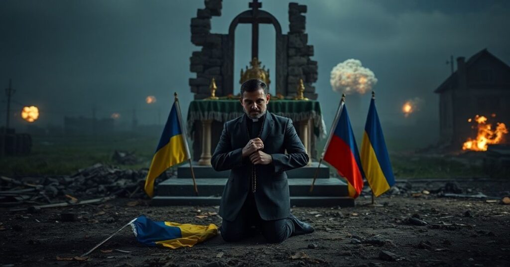 Ksiądz modlący się przed ołtarzem w zniszczonej ukraińskiej wiosce podczas wojny