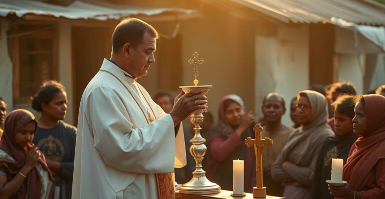 Ksiądz w tradycyjnych szatach liturgicznych trzyma monstrancję przed grupą ofiar powodzi w Bangladeszu, symbolizując nadprzyrodzoną nadzieję w obliczu cierpienia.