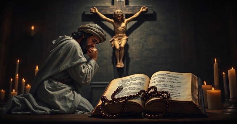 Prawdziwy katolicki obraz króla Dawida w chwili pokuty przed krucyfiksem w ciemnej kaplicy