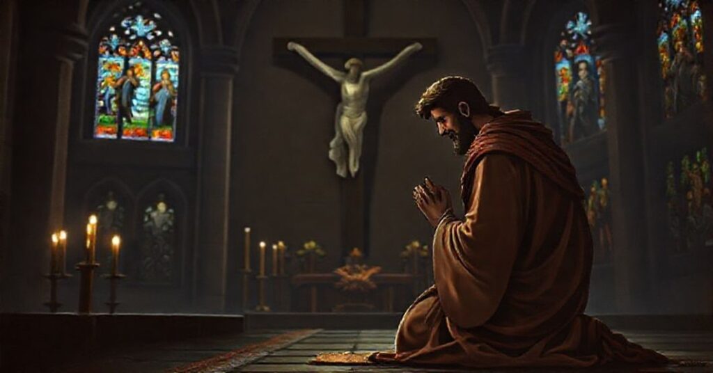 Obraz przedstawiający króla Dawida w tradycyjnej ikonografii katolickiej, modlącego się przed krzyżem z wyraźnym wyrazem pokuty.
