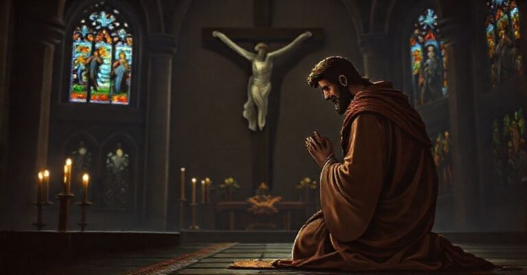 Obraz przedstawiający króla Dawida w tradycyjnej ikonografii katolickiej, modlącego się przed krzyżem z wyraźnym wyrazem pokuty.