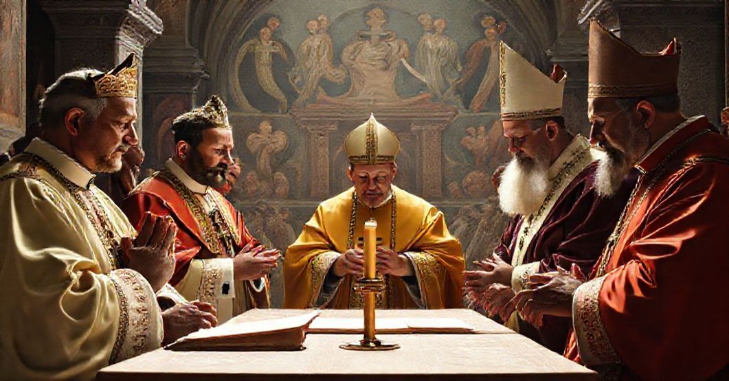 Obraz przedstawiający króla Karola III i fałszywego "Papieża" Leona XIV podczas ekumenicznej modlitwy w Kaplicy Sykstyńskiej.