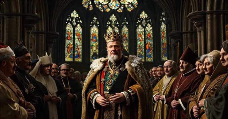 Portret króla Karola III w Kaplicy NMP w Opactwie Westminster, otoczonego różnymi przywódcami religijnymi.