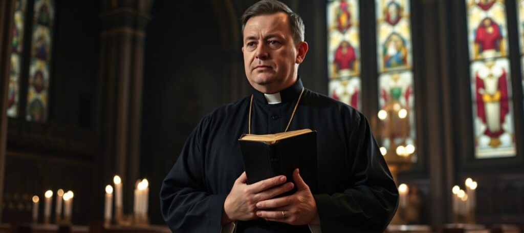 Katholicki ksiądz w czarnej szacie liturgicznej stoi w ciemnym kościele z witrażami, trzymając zamkniętą biblię. Jego minę łamią smutek i zaangażowanie podczas refleksji nad korupcją w Hiszpanii.
