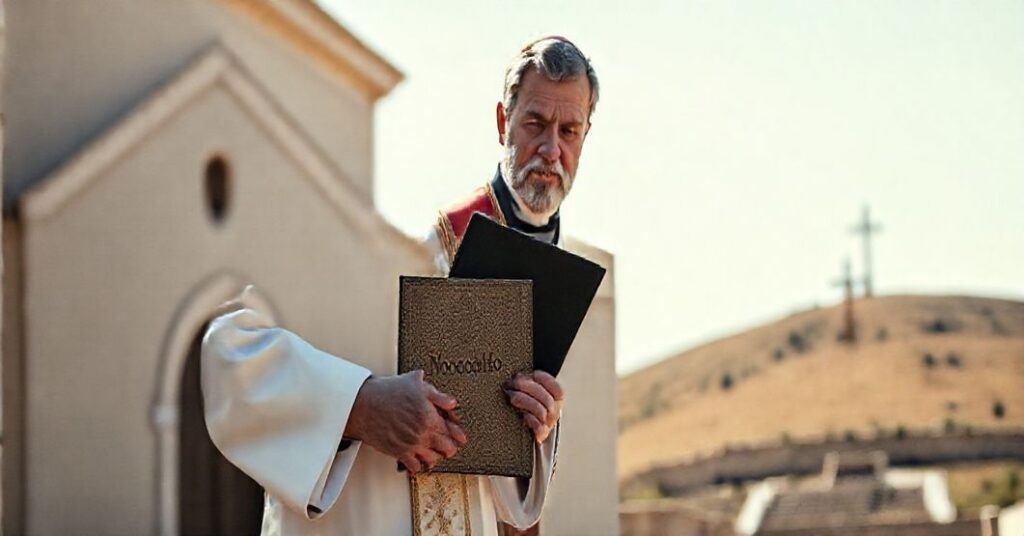 Książę w tradycyjnym ornaty stoi przed synagogą z troskliwym wyrazem twarzy