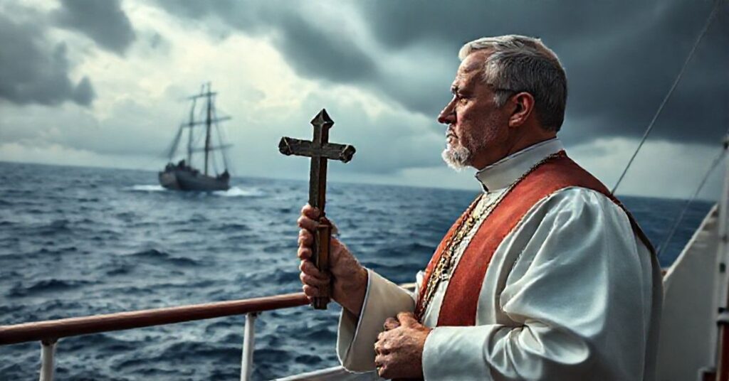 Ksiądz w tradycyjnych szatach liturgicznych na pokładzie statku wojennego, trzymający krzyż podczas burzy nad Morzem Karaibskim.
