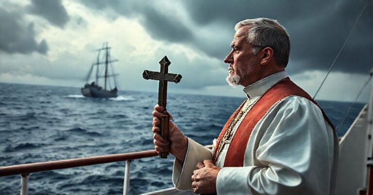 Ksiądz w tradycyjnych szatach liturgicznych na pokładzie statku wojennego, trzymający krzyż podczas burzy nad Morzem Karaibskim.