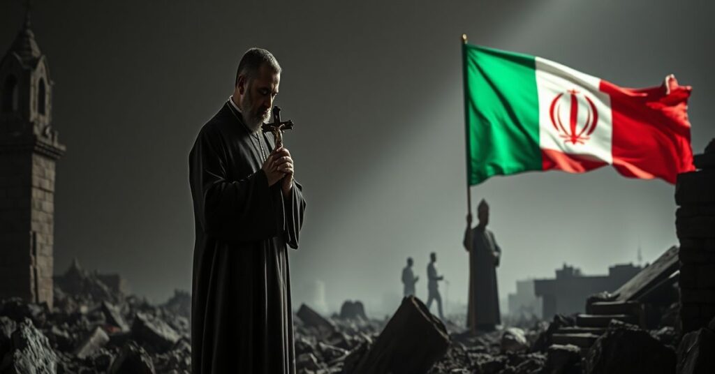 Tradycyjny ksiądz katolicki modli się w ruinach bombardowanego kościoła w Iranie, symbolizując cierpienie prześladowanych katolików.