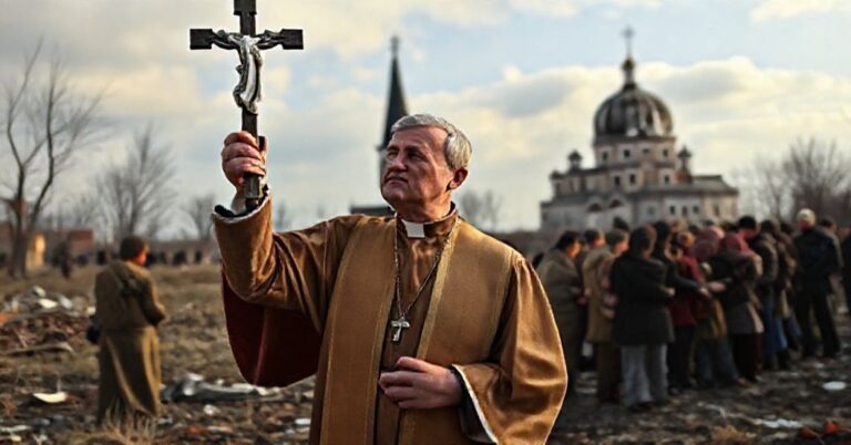 Ksiądz w tradycyjnych szatach kościelnych stoi wśród zniszczeń wojennych na Ukrainie, trzymając krzyż. Refugiaci skupieni wokół niego podkreślają dramat wojny, podczas gdy dalej widoczna jest uszkodzona cerkiew.