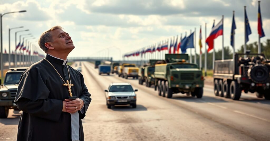 Ksiądz w tradycyjnym ornaty stoi przed nowoczesnym rumuńskim projektem infrastrukturalnym