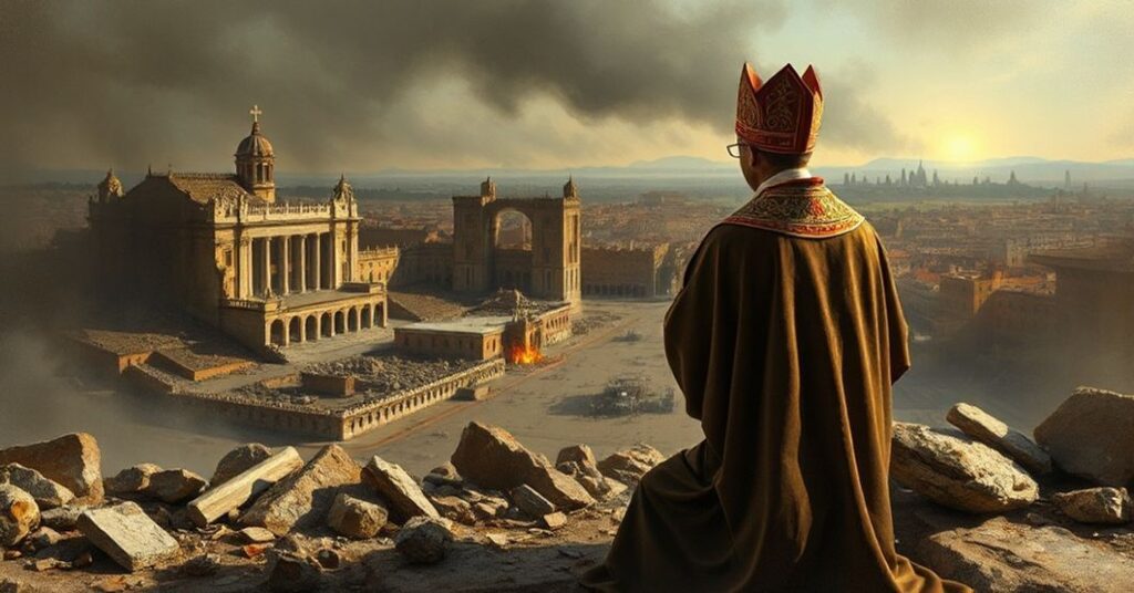 Ksiądz modli się przed ruinami miasta, symbolizując duchowe skutki polityki ignorującej Chrystusa jako Króla.