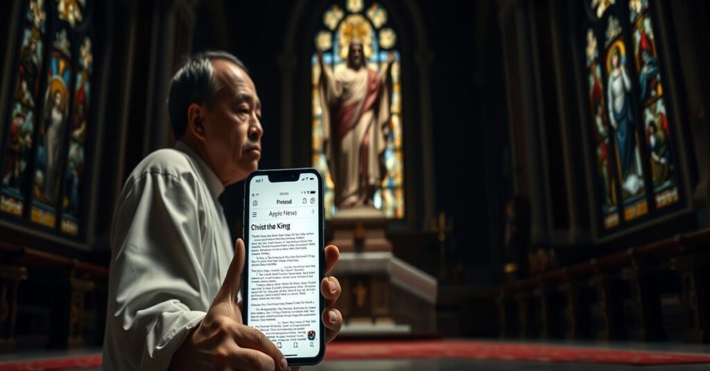 Tradycyjny katolicki ksiądz modli się przed statuą Chrystusa Króla, trzymając encyklikę Piusa XI 'Quas Primas', z telefonem wyświetlającym Apple News.