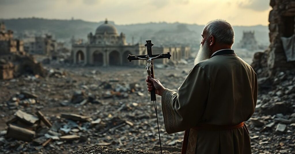 Ksiądz w tradycyjnych szatach liturgicznych stoi przed ruinami wojennymi, trzymając krucyfiks, obserwując nieudany proces pokojowy między Trumpem, Netanjahu i Hamasem. Wizja podkreśla bezsensowność pokoju bez królestwa Chrystusa.