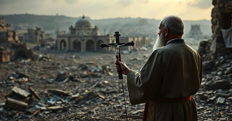 Ksiądz w tradycyjnych szatach liturgicznych stoi przed ruinami wojennymi, trzymając krucyfiks, obserwując nieudany proces pokojowy między Trumpem, Netanjahu i Hamasem. Wizja podkreśla bezsensowność pokoju bez królestwa Chrystusa.