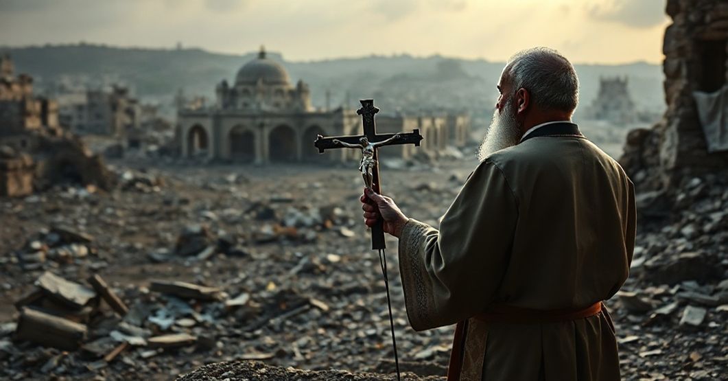 Królestwo Chrystusa - jedyny pokój Ksiądz w tradycyjnych szatach liturgicznych stoi przed ruinami wojennymi, trzymając krucyfiks, obserwując nieudany proces pokojowy między Trumpem, Netanjahu i Hamasem. Wizja podkreśla bezsensowność pokoju bez królestwa Chrystusa.