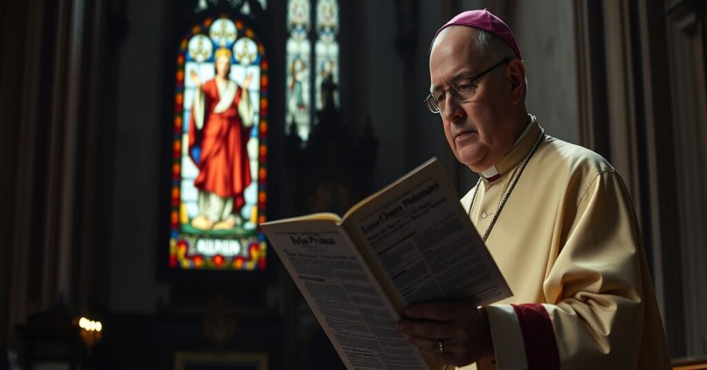 Ksiądz w tradycyjnej szacie liturgicznej trzyma encyklikę Quas Primas w katedrze z widokiem na informację o groźbach Iranu dla Europy