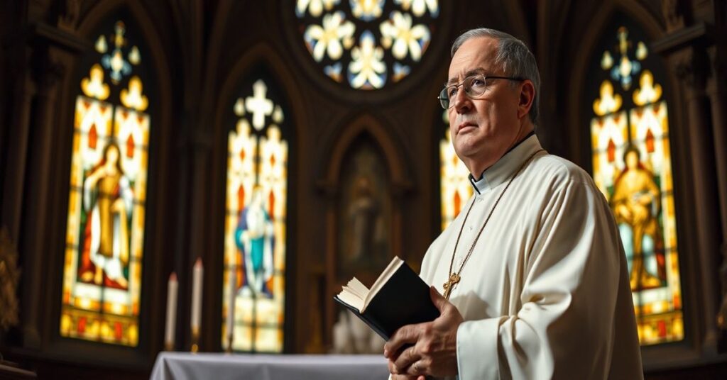 Ksiądz w tradycyjnym sutannie stojący przed ołtarzem, trzymający brewiarz, z poważnym wyrazem twarzy na tle gotyckiego wnętrza kościoła.