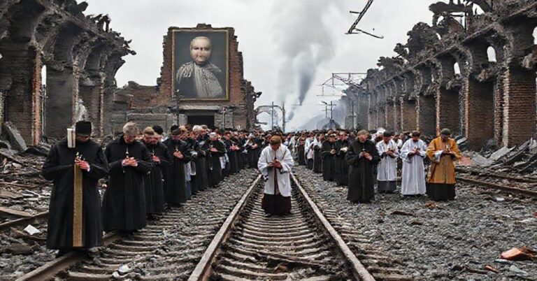 Procesja katolicka w ruinach stacji kolejowej, modlitwa za Polskę i powrót do Chrystusa Króla