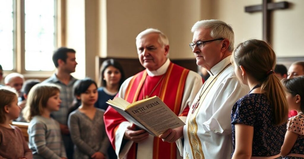 Ksiądz w tradycyjnych szatach liturgicznych przestrzega rodziców przed demoralizacją dzieci w edukacji płciowej