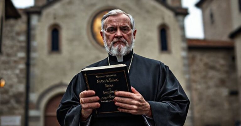 Ksiądz w tradycyjnych szatach kościelnych stoi przed miasteczkiem Manoppello, trzymając książkę z napisem 'Fałszywe kulty i posoborowe herezje'. Na tle widoczna jest słabo oświetlona średniowieczna kościół z nieostrym obrazem rzekomego "Świętego Oblicza" w ciszy.