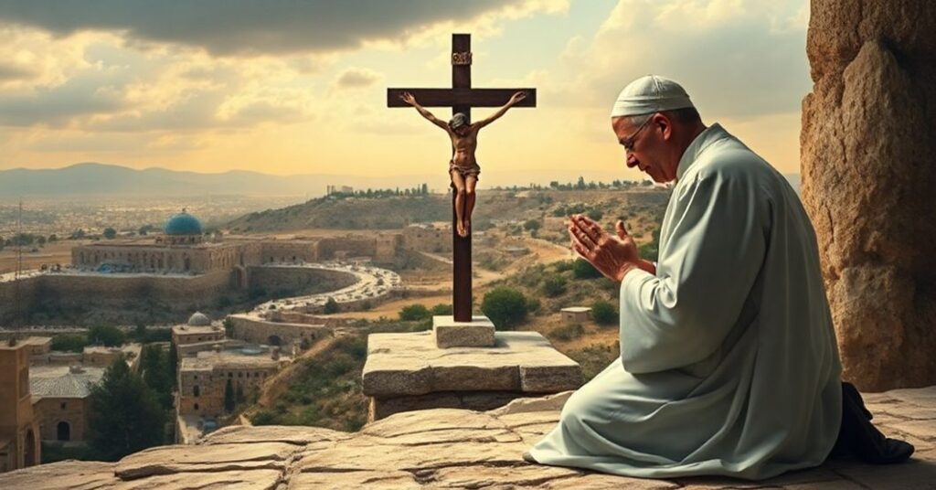 Kultowy obraz przedstawiający katolickiego księdza modlącego się przed krzyżem na tle krajobrazu Ziemi Świętej, symbolizujący duchową potrzebę prawdziwego pokoju.