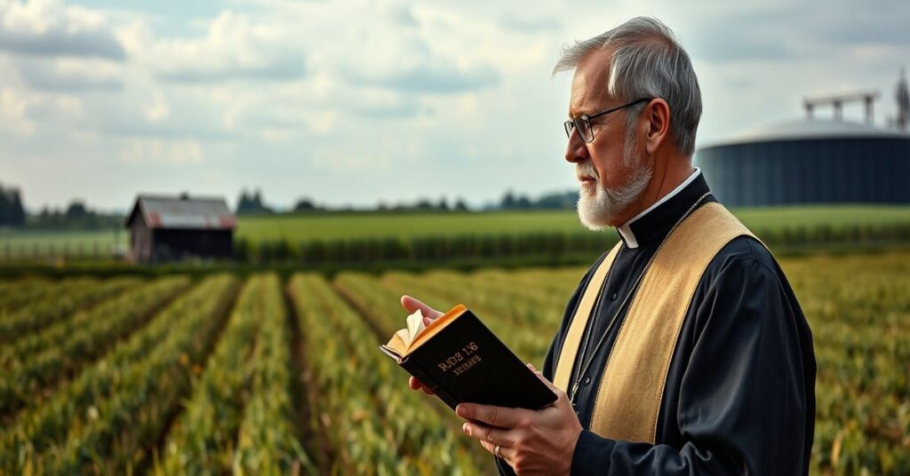 Ksiądz w tradycyjnym stroju liturgicznym przed polem uprawnym, patrzący na zakład hodowlany owadów.