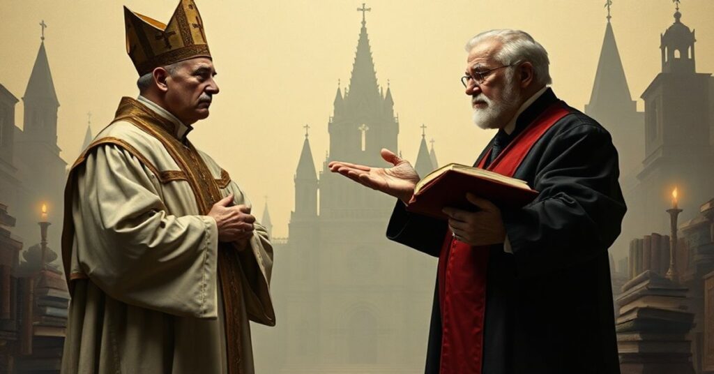 Tradycyjny katolicki obraz symbolizujący konflikt Kościoła z nowoczesnym relatywizmem; ksiądz w ornacie konfrontuje Jerzego Sojkę przed tłem średniowiecznej katedry i współczesnej architektury.