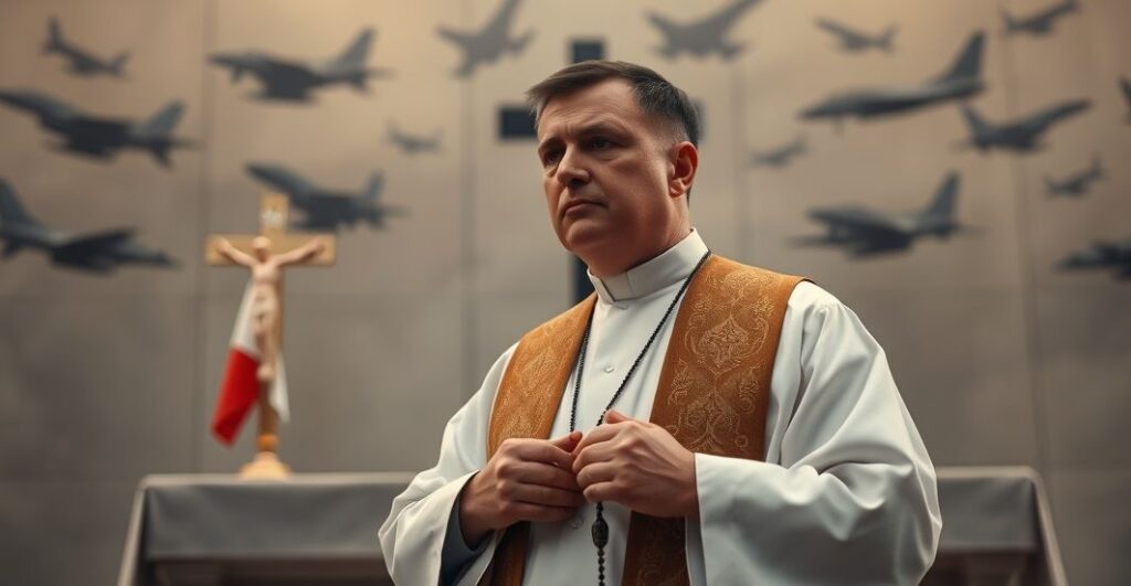 Ksiądz katolicki w tradycyjnych szatach liturgicznych stojący przed pomnikiem wojennym, trzymający różaniec, z myślą o moralnym wymiarze wojny.
