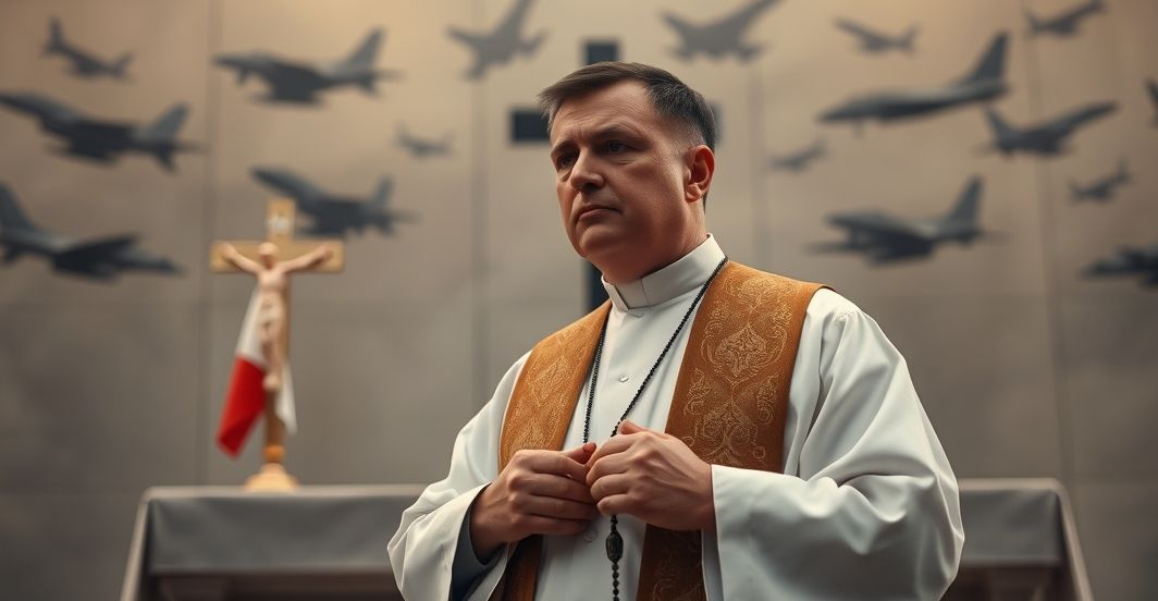 Ksiądz katolicki w tradycyjnych szatach liturgicznych stojący przed pomnikiem wojennym, trzymający różaniec, z myślą o moralnym wymiarze wojny.