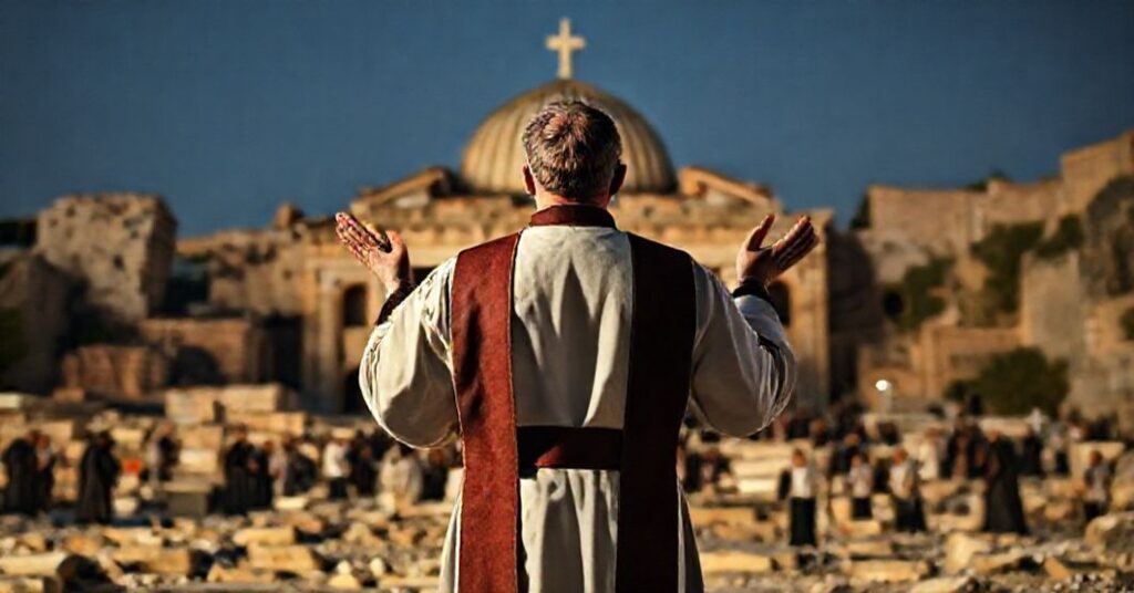 Ksiądz katolicki w tradycyjnych szatach modli się przed ruininami Hagii Sophii, na tle prześladowanych chrześcijan poszukujących schronienia.