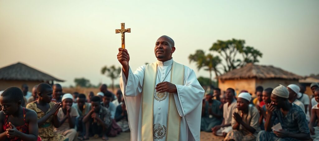Ksiądz odprawiający Mszę Świętą w tradycyjnym rycie w Nigerii podczas kryzysu humanitarnego