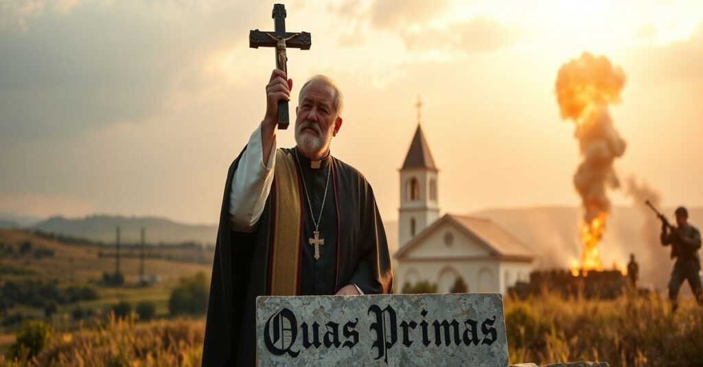 Ksiądz w tradycyjnych ornatach stoi przed kościołem pod ostrzałem wojskowym, trzymając krzyż. Scena symbolizuje walkę Królestwa Chrystusa z światowymi konfliktami.