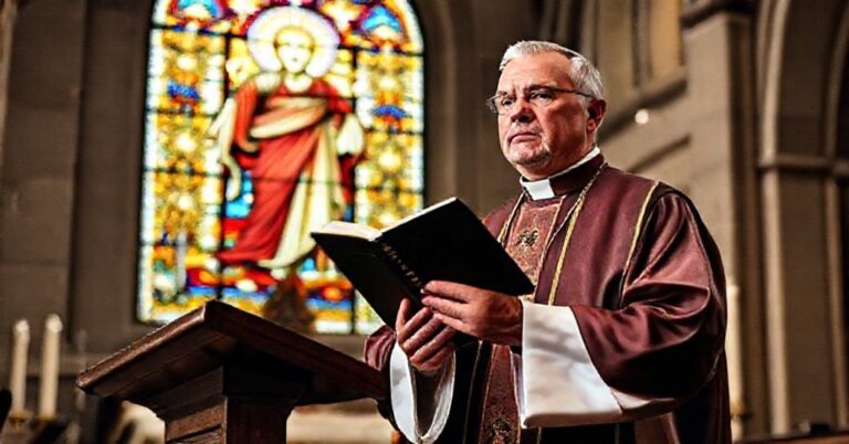 Prawdziwy ksiądz katolicki w tradycyjnych szatach liturgicznych stoi przy ambonie starodawnych kościoła, trzymając Biblię i kaznując z powagą. Za nim witraż przedstawia Chrystusa Króla w całej chwale, symbolizując Jego boską władzę. Scena jest przepełniona pokorą i pilnością, odzwierciedlając kryzys wiary we współczesnym świecie. Wyraz twarzy księży jest zdecydowany, podkreślając potrzebę prawdziwej katolickiej nauki ponad światowymi aktywizmem. Wnętrze kościoła jest bogato zdobione tradycyjnymi katolickimi symbolami, podkreślając wieczność wiary.