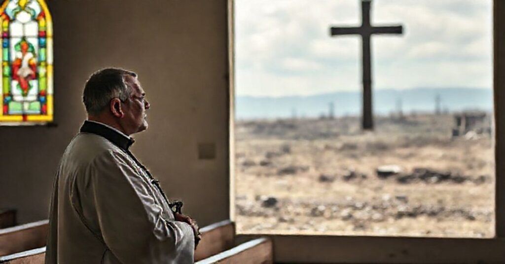 Ksiądz w sutannie stoi w tradycyjnym wnętrzu kościoła z witrażami, trzymając krzyż przed obrazem zniszczonego krajobrazu wojennego.