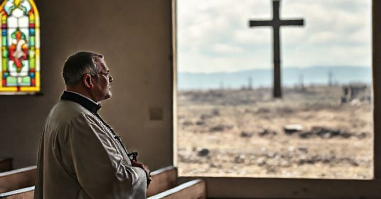 Ksiądz w sutannie stoi w tradycyjnym wnętrzu kościoła z witrażami, trzymając krzyż przed obrazem zniszczonego krajobrazu wojennego.