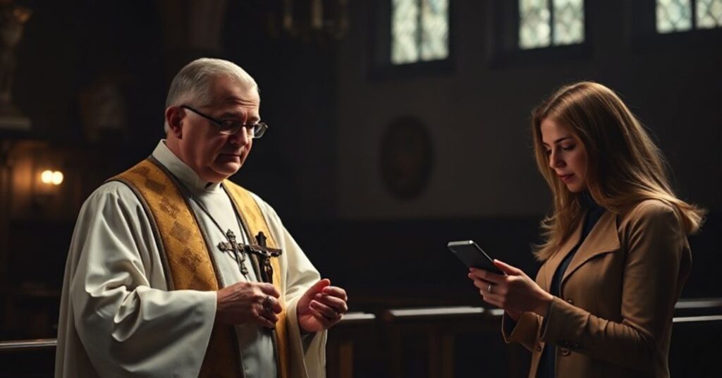 Ksiądz w tradycyjnym ornacie stoi w ciemnym kościele, trzymając krzyż przed kobietą zanurzoną w telefonie, symbolizując duchową pustkę współczesnego życia.