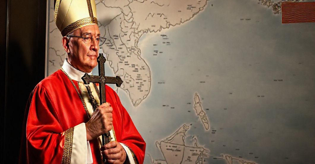 Ksiądz w tradycyjnym stroju kościelnym trzymający krzyż przed mapą konfliktu na Morzu Południowochińskim, podkreślający konieczność przestrzegania prawa Bożego w stosunkach międzynarodowych.