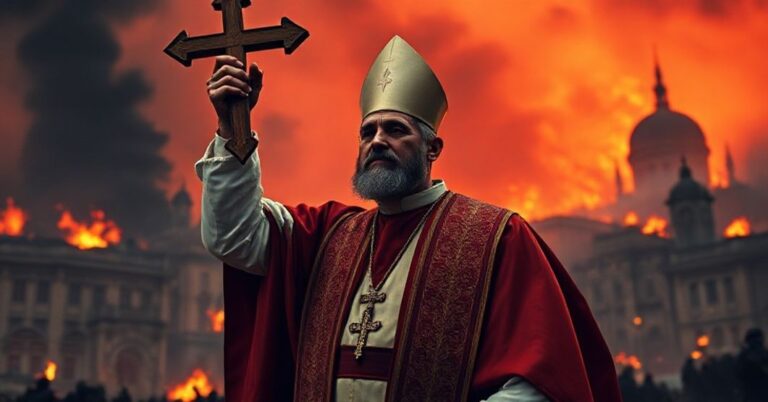Ksiądz w tradycyjnych szatach kapłańskich trzymający krzyż przed spalającym się miastem, symbolizującym chaos pogańskiego barbarzyństwa i rewolucyjnej przemocy.